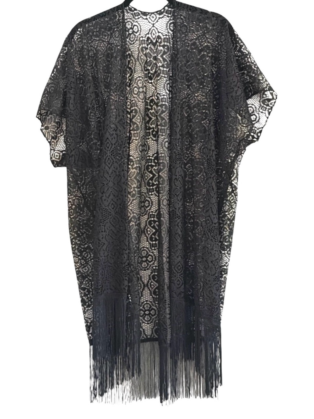 Cruise Club Black Lace Fringe Kimono Boho Festival Cardigan CoverUp One Size NWT
